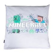 Weißes quadratisches Kissen mit Minecraft-Logo und Pixelgrafik von Steve mit Schwert sowie Creeper, frontal von vorne auf weißem Hintergrund fotografiert.