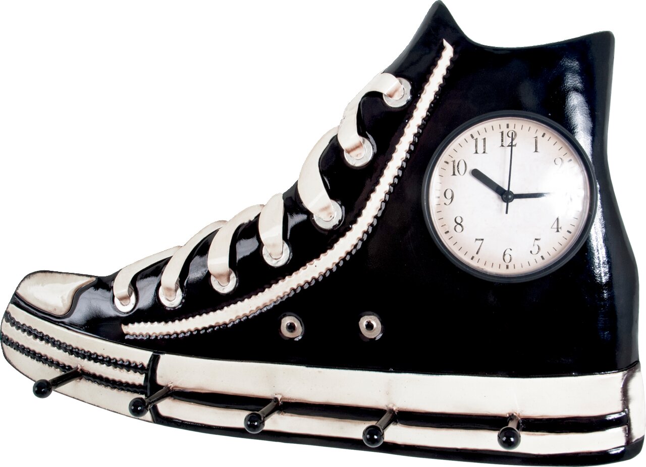 Z2 Wandgarderobe ROCKY Wandgarderobe in Form eines schwarzen Sneakers mit integrierter Uhr, seitliche Perspektive