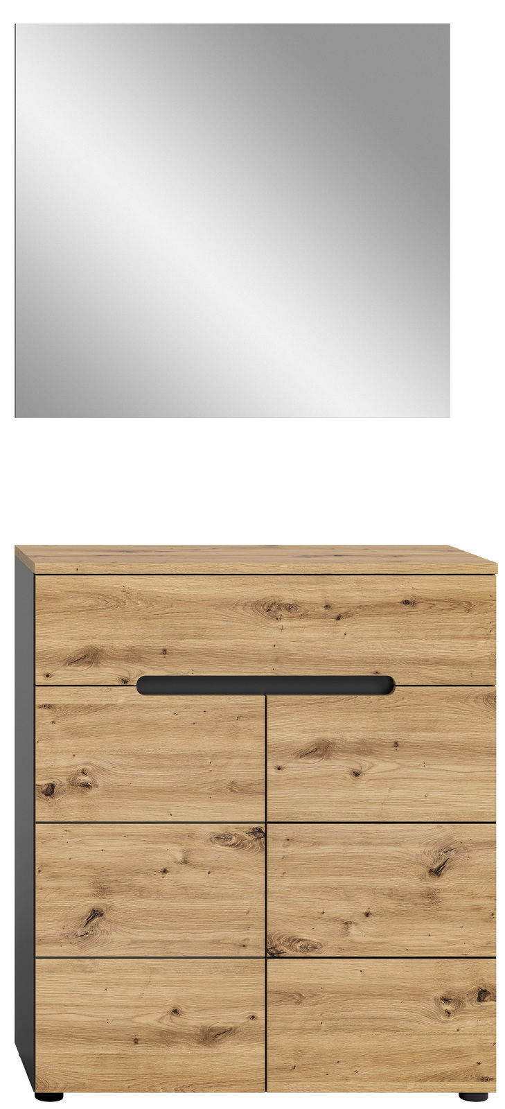 Frontale Ansicht einer Garderobenkombination mit einem rechteckigen Spiegel und einem Unterschrank in Holzoptik mit schwarzen Griffen.