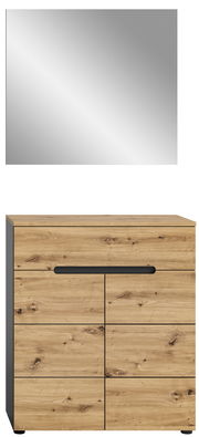 Frontale Ansicht einer Garderobenkombination mit einem rechteckigen Spiegel und einem Unterschrank in Holzoptik mit schwarzen Griffen.