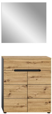 Frontale Ansicht einer Garderobenkombination mit einem rechteckigen Spiegel und einem Unterschrank in Holzoptik mit schwarzen Griffen.