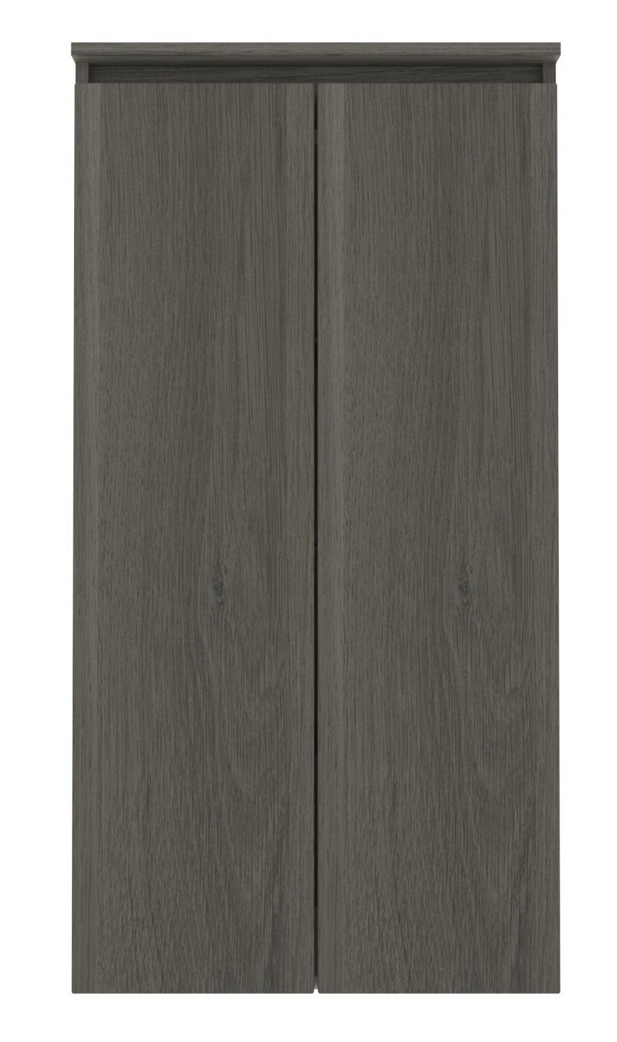 Frontansicht eines grauen Mittelschranks mit zwei Türen und Holzmaserung.
