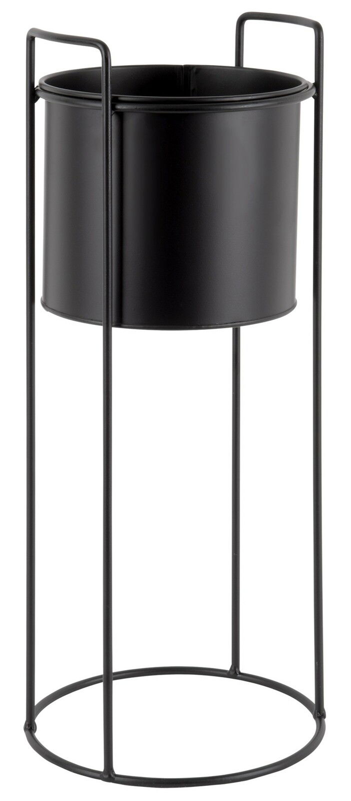 Schwarzer, zylindrischer Pflanzkübel auf einem hohen, schlanken Metallgestell, seitliche Perspektive