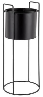 Schwarzer, zylindrischer Pflanzkübel auf einem hohen, schlanken Metallgestell, seitliche Perspektive