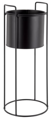 Schwarzer, zylindrischer Pflanzkübel auf einem hohen, schlanken Metallgestell, seitliche Perspektive
