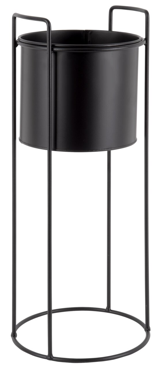 Schwarzer, zylindrischer Pflanzkübel auf einem hohen, schlanken Metallgestell, seitliche Perspektive