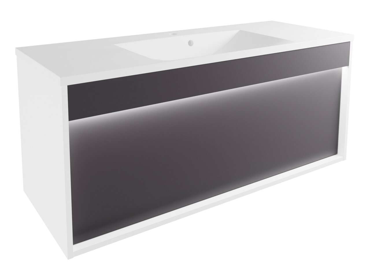 Voleo Waschplatz FREYA Moderner Waschplatz mit weißem Korpus und grauer Front, seitliche Perspektive