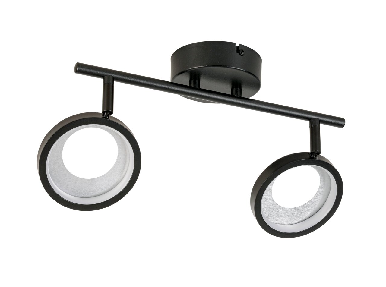 Zwarte led-spot met twee ronde lampen, zijaanzicht