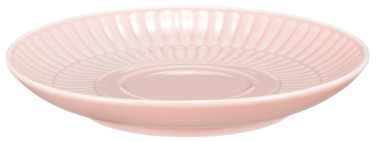 Kleine rosa Untertasse aus Porzellan mit geriffeltem Rand, seitliche Perspektive