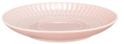 Kleine rosa Untertasse aus Porzellan mit geriffeltem Rand, seitliche Perspektive