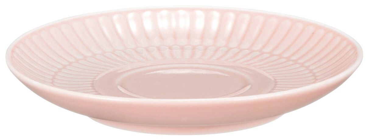 Kleine rosa Untertasse aus Porzellan mit geriffeltem Rand, seitliche Perspektive