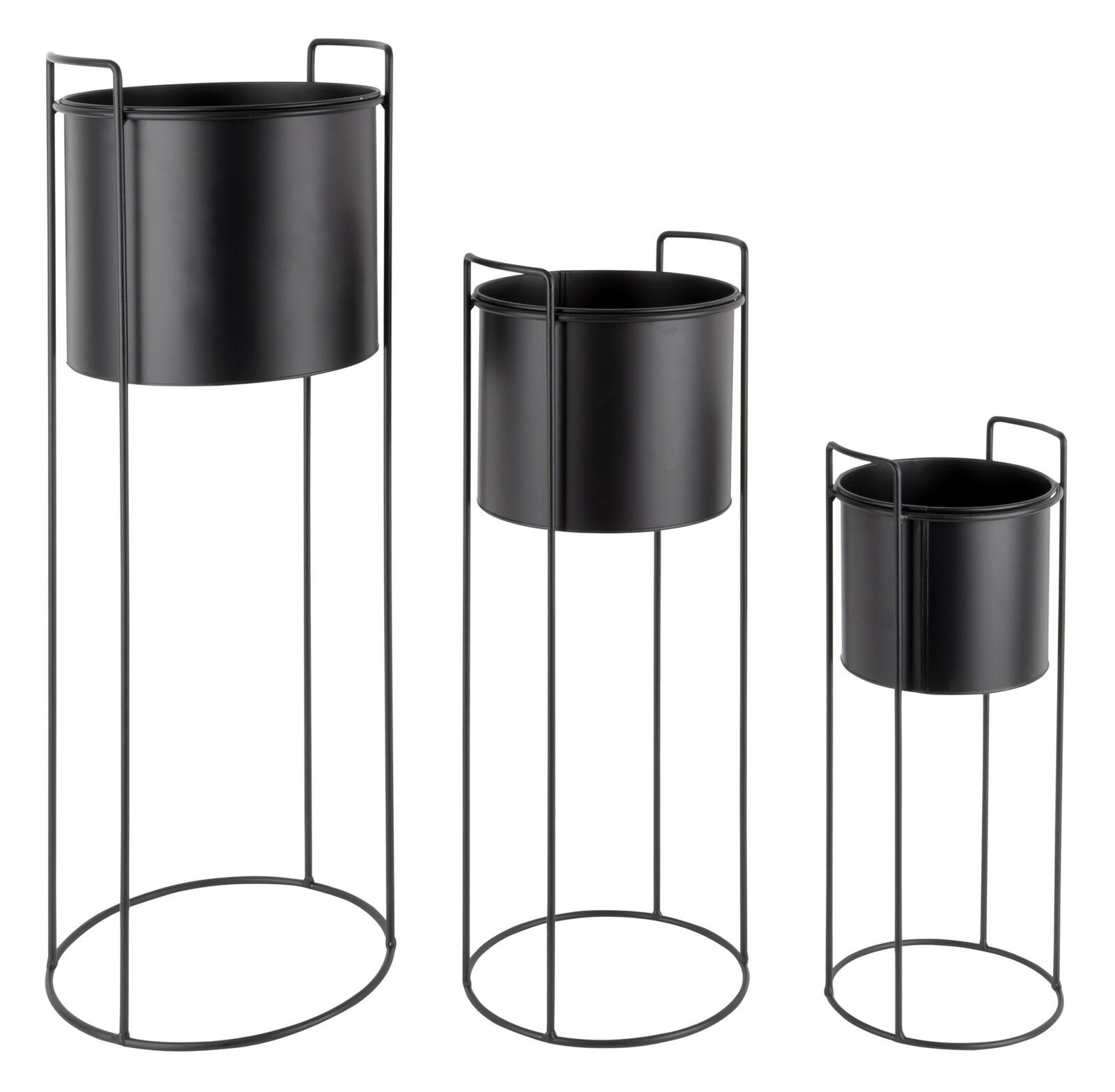 Dreiteiliges Pflanzgefäß-Set Essence in schwarzem Metall, bestehend aus drei unterschiedlich großen, zylindrischen Töpfen auf hohen, schlanken Ständern. Frontalansicht.