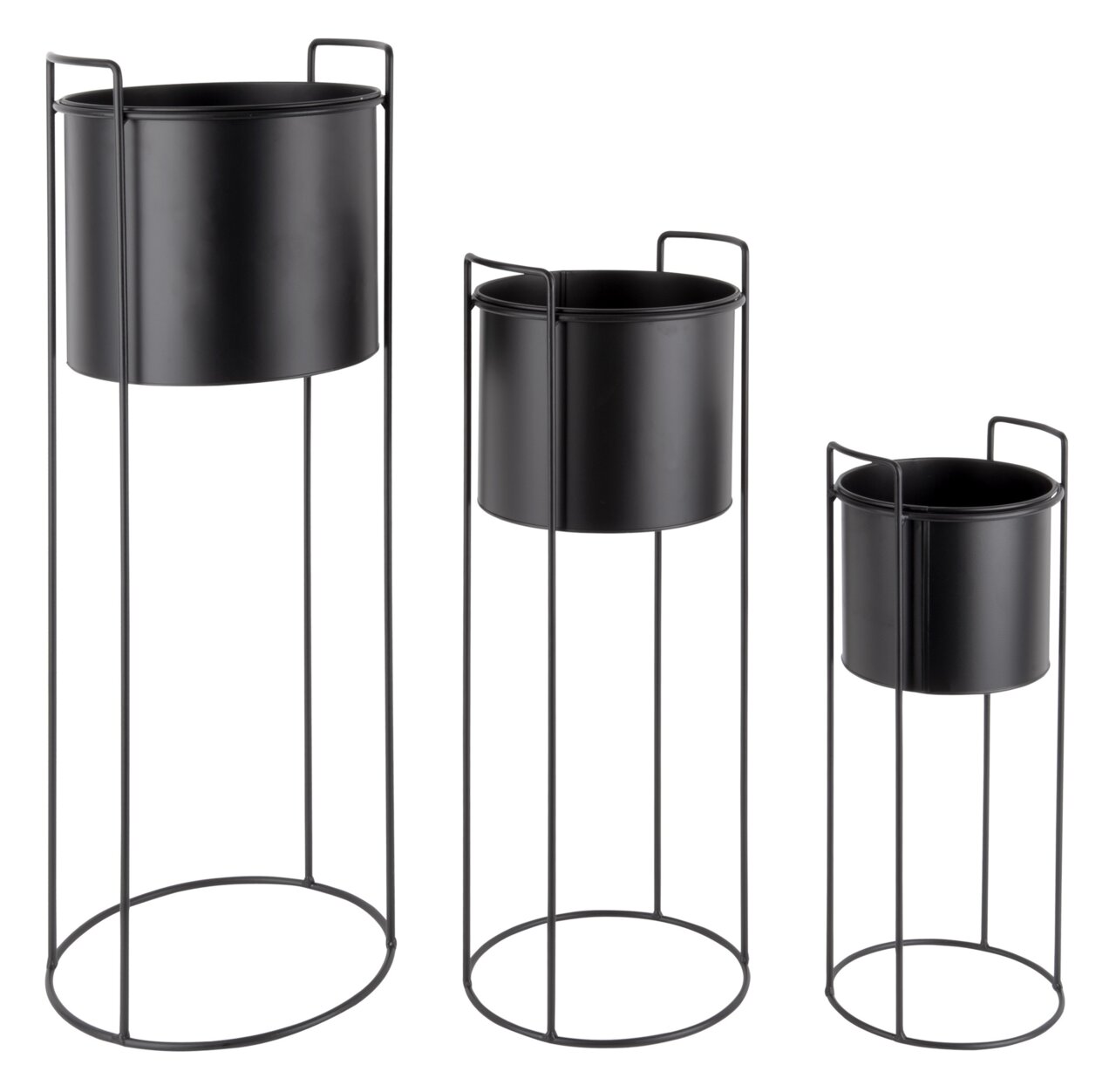Dreiteiliges Pflanzgefäß-Set Essence in schwarzem Metall, bestehend aus drei unterschiedlich großen, zylindrischen Töpfen auf hohen, schlanken Ständern. Frontalansicht.