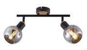 Moderner Deckenstrahler mit zwei verstellbaren Leuchten in schwarzem und holzfarbenem Design, seitliche Perspektive.