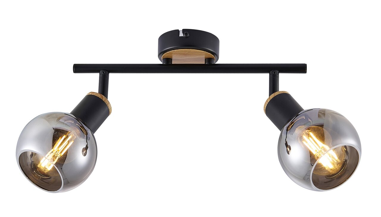 Moderner Deckenstrahler mit zwei verstellbaren Leuchten in schwarzem und holzfarbenem Design, seitliche Perspektive.