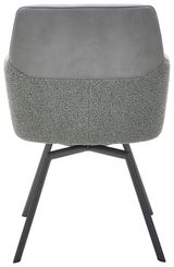 Rückansicht eines modernen Sessels mit grauem Stoffbezug und schwarzen Metallbeinen.