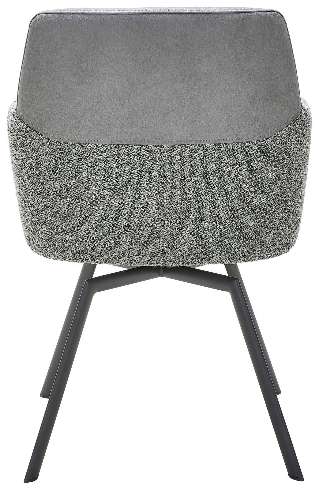 Rückansicht eines modernen Sessels mit grauem Stoffbezug und schwarzen Metallbeinen.