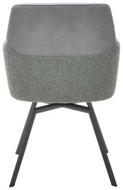 Rückansicht eines modernen Sessels mit grauem Stoffbezug und schwarzen Metallbeinen.
