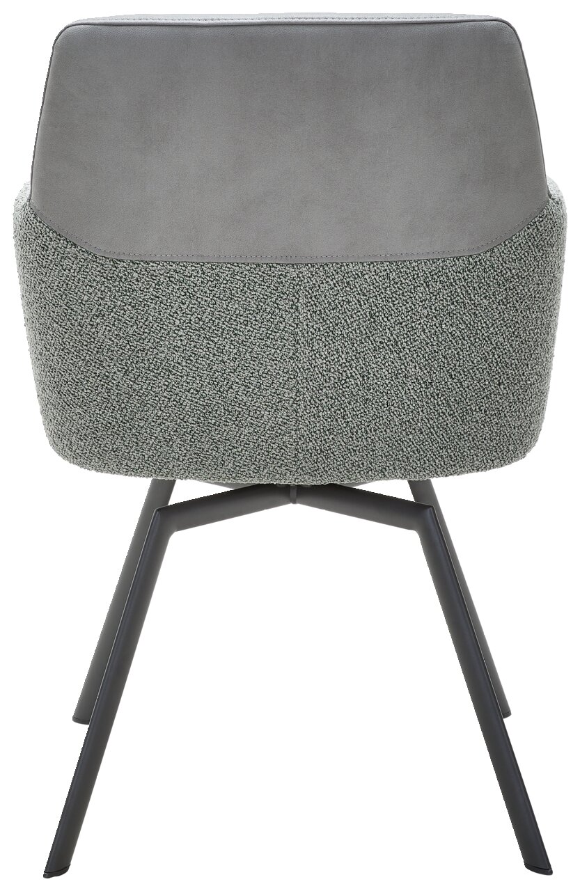 Rückansicht eines modernen Sessels mit grauem Stoffbezug und schwarzen Metallbeinen.