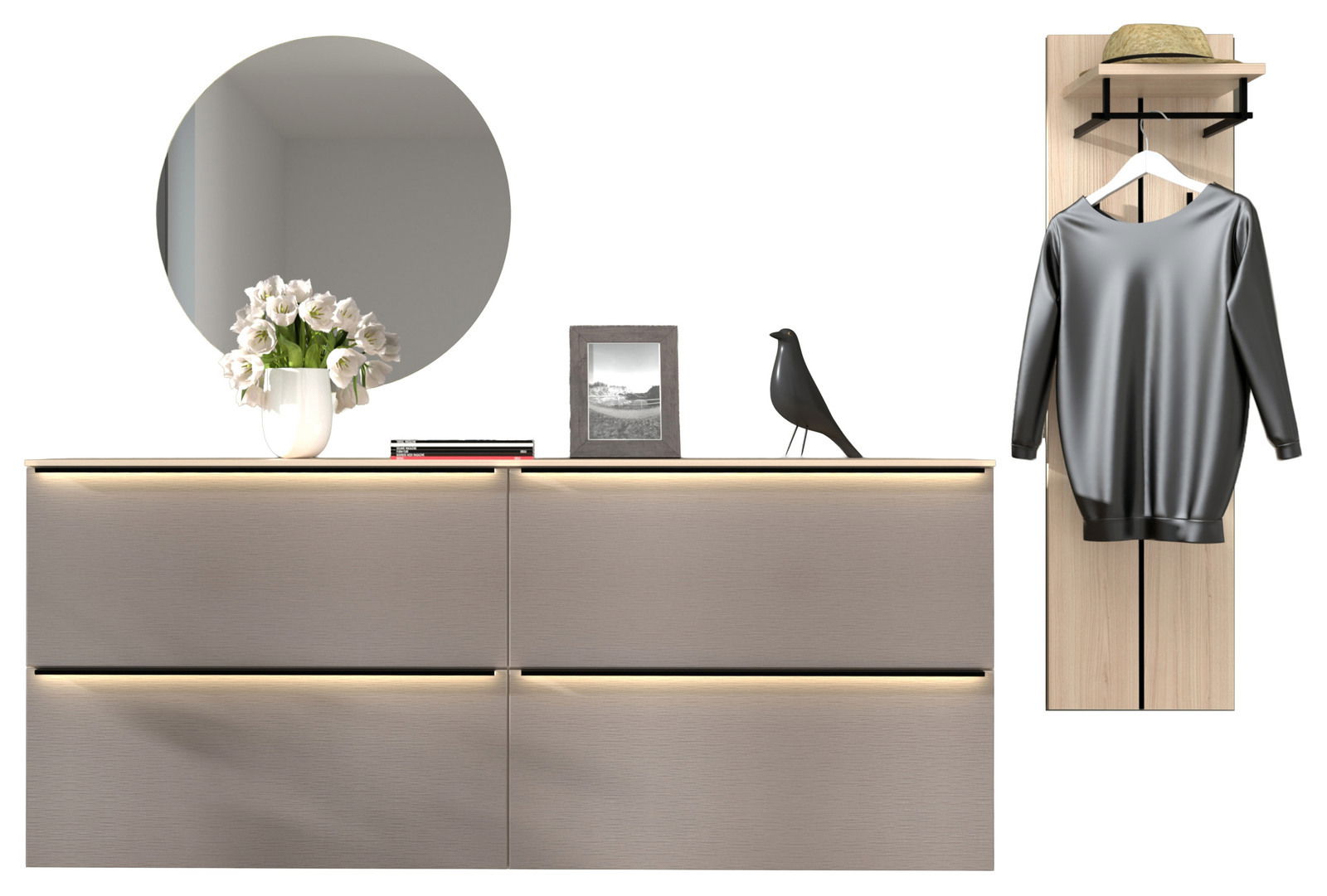 Voleo Garderoben-Kombination 4-tlg. STARLIGHT Moderne Garderoben-Kombination mit vier Teilen, bestehend aus einem großen runden Spiegel, einer Kommode mit vier Schubladen und LED-Beleuchtung, sowie einer Wandgarderobe mit Haken und Ablage. Perspektive: Frontalansicht.