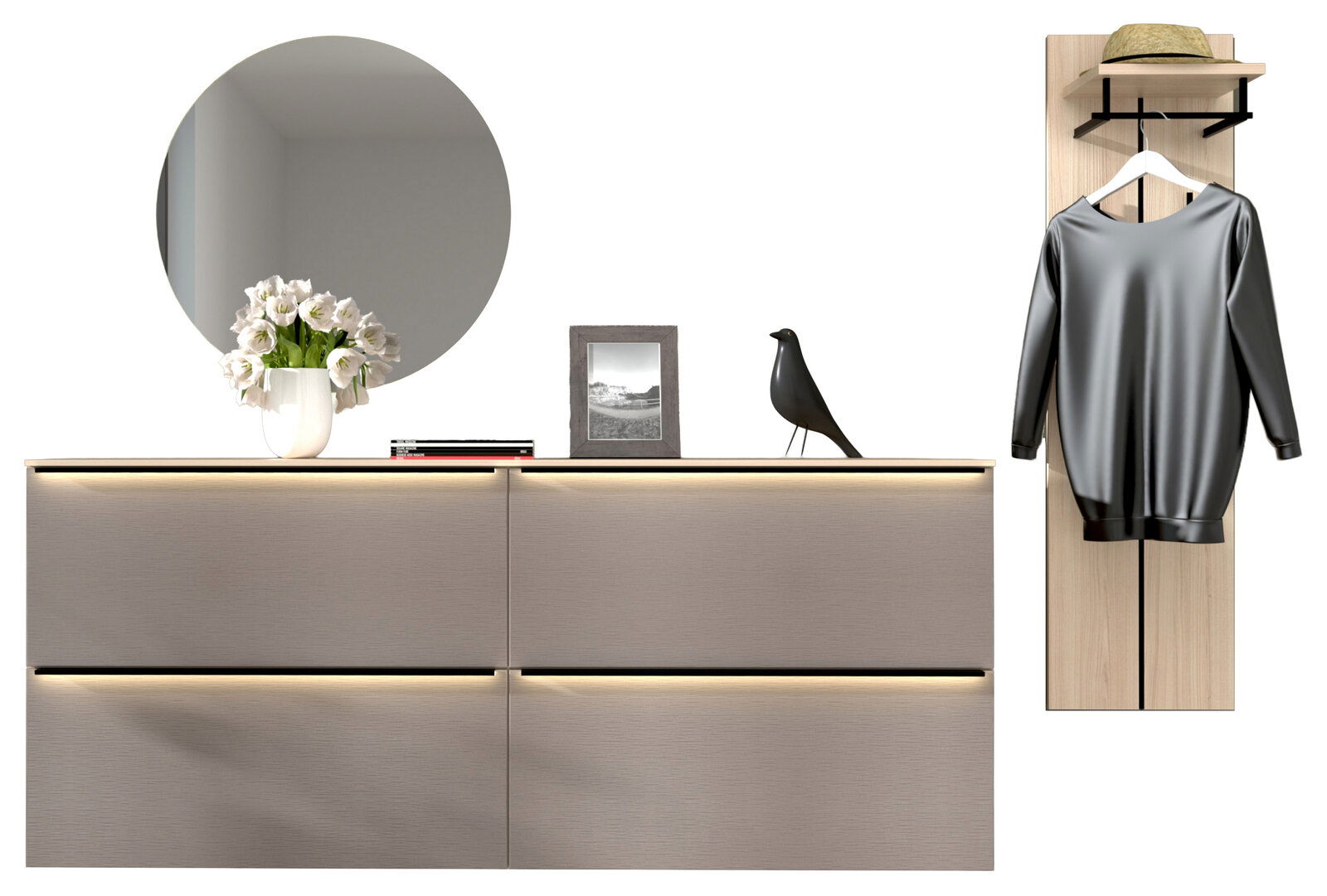 Moderne Garderoben-Kombination mit vier Teilen, bestehend aus einem großen runden Spiegel, einer Kommode mit vier Schubladen und LED-Beleuchtung, sowie einer Wandgarderobe mit Haken und Ablage. Perspektive: Frontalansicht.