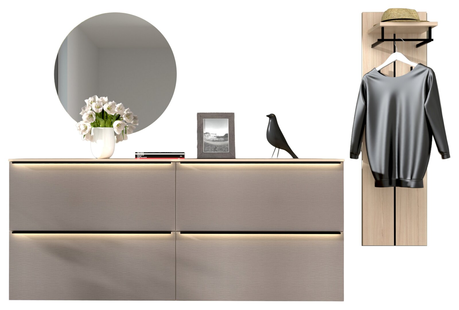 Moderne garderobecombinatie uit vier delen, bestaande uit een grote ronde spiegel, een ladekast met vier lades en ledverlichting, en een wandgarderobe met haken en een legplank. Perspectief: vooraanzicht.