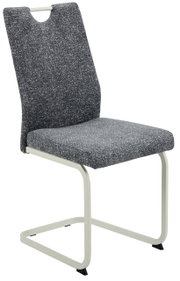 Moderner Schwingstuhl mit grauem Stoffbezug und weißem Metallgestell, seitliche Perspektive