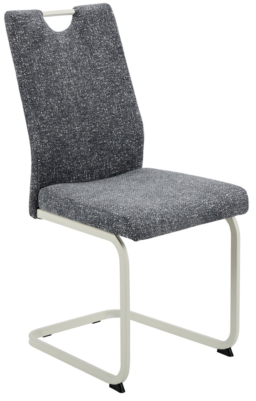 Moderner Schwingstuhl mit grauem Stoffbezug und weißem Metallgestell, seitliche Perspektive