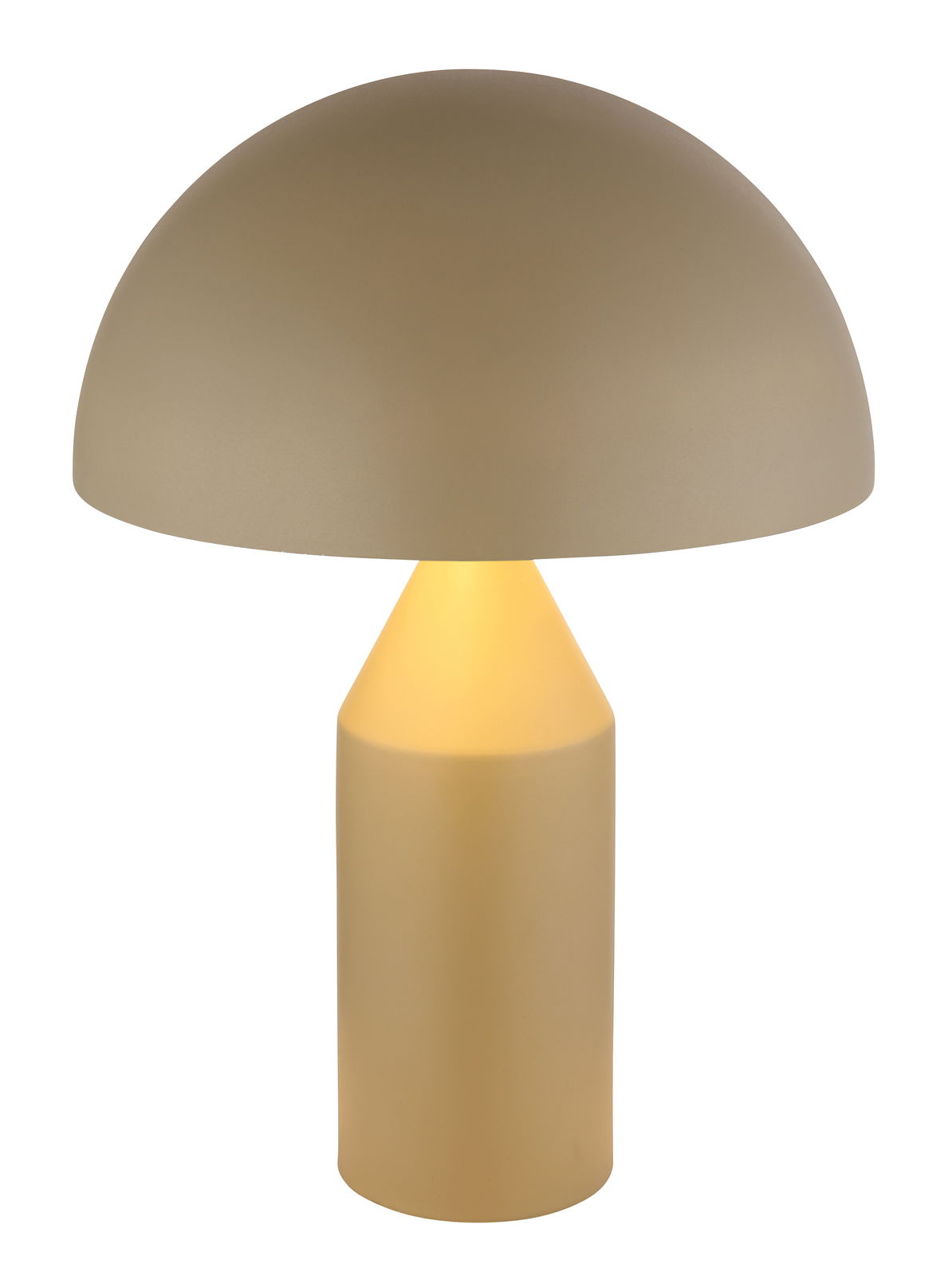 Moderne Tischleuchte ATOMA in Beige mit halbrundem Schirm, seitliche Perspektive