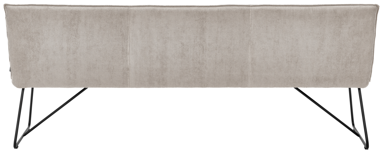 Johann Jakob Sitzbank CALAS Rückansicht einer modernen Sitzbank mit grauem Stoffbezug und schwarzen Metallbeinen.