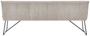 Rückansicht einer modernen Sitzbank mit grauem Stoffbezug und schwarzen Metallbeinen.
