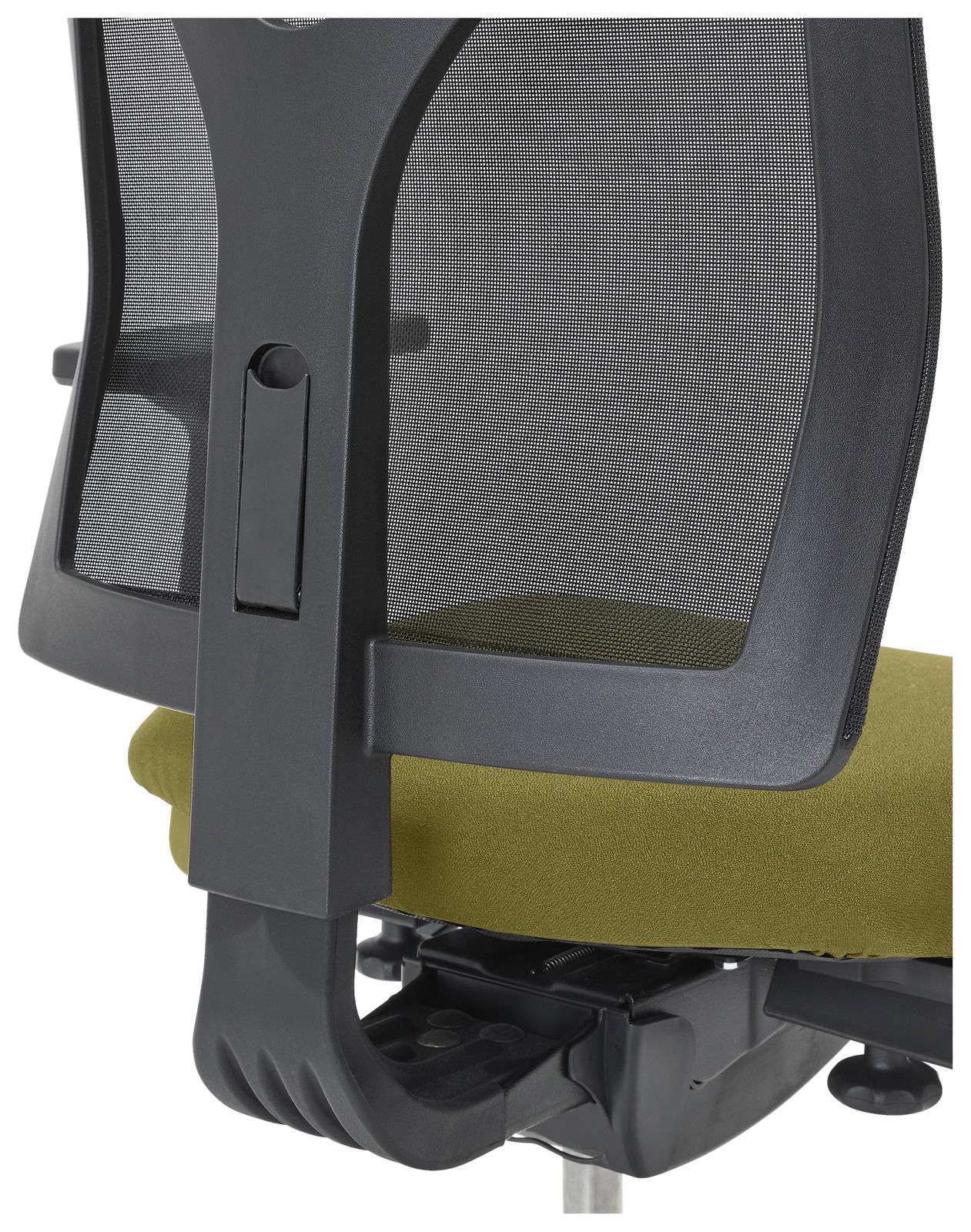Rückansicht eines Drehstuhls mit schwarzer Netzrückenlehne und olivgrünem Sitzpolster.