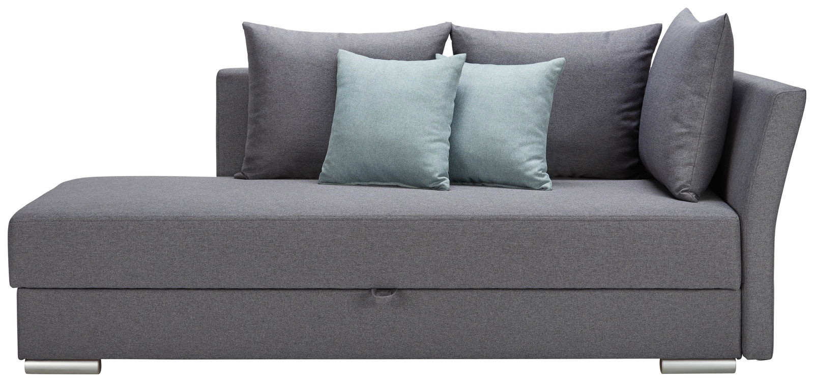 Graues Funktionssofa mit drei grauen und zwei mintfarbenen Kissen, seitliche Perspektive