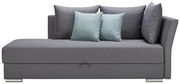 Graues Funktionssofa mit drei grauen und zwei mintfarbenen Kissen, seitliche Perspektive