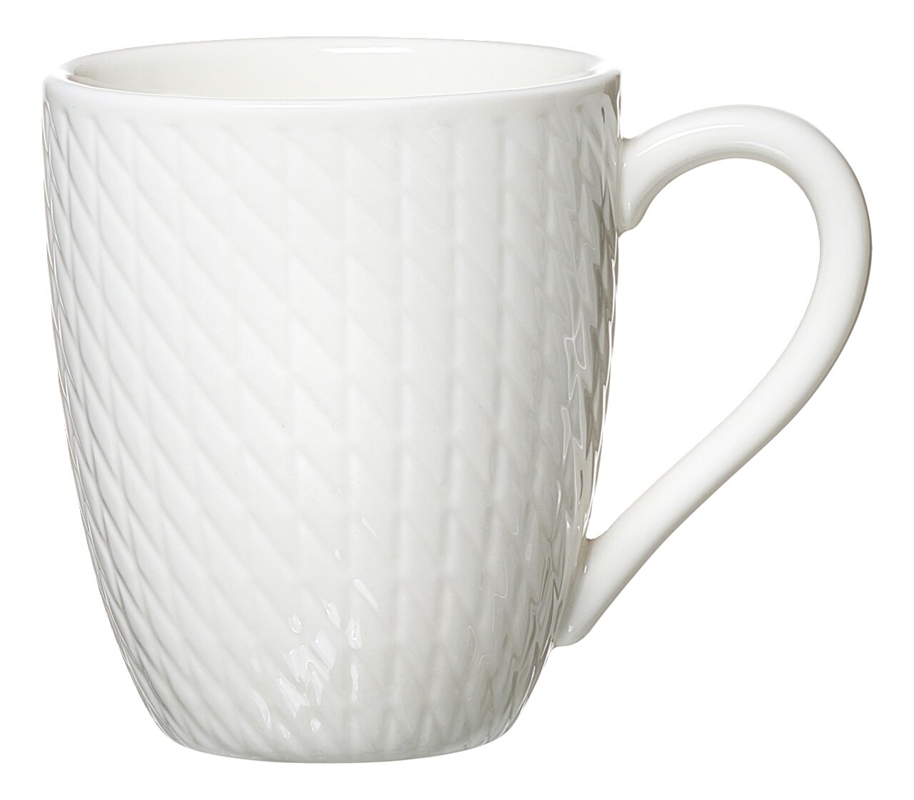 Weiße Tasse mit Rautenmuster, seitliche Perspektive