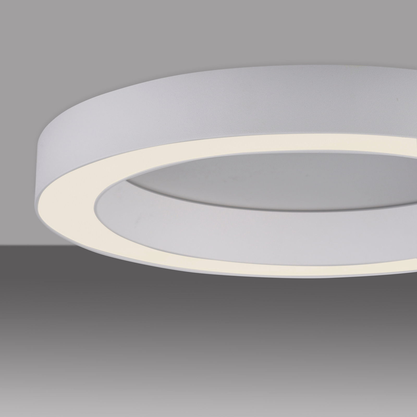Moderne LED-Deckenleuchte in Ringform, seitliche Perspektive