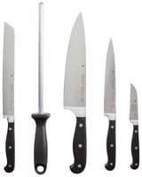 Messerblock Spitzenklasse 6-teilig, bestehend aus fünf Messern und einem Wetzstahl, frontal abgebildet.