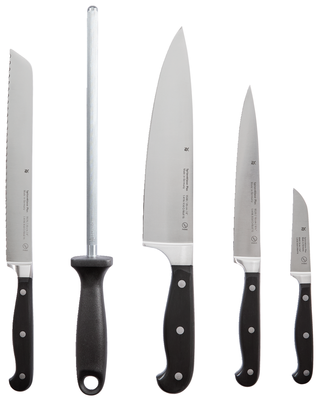 Messerblock Spitzenklasse 6-teilig, bestehend aus fünf Messern und einem Wetzstahl, frontal abgebildet.