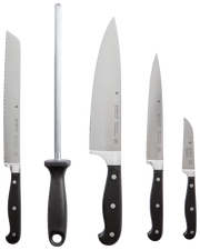 Messerblock Spitzenklasse 6-teilig, bestehend aus fünf Messern und einem Wetzstahl, frontal abgebildet.