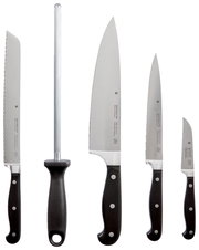 Messerblock Spitzenklasse 6-teilig, bestehend aus fünf Messern und einem Wetzstahl, frontal abgebildet.