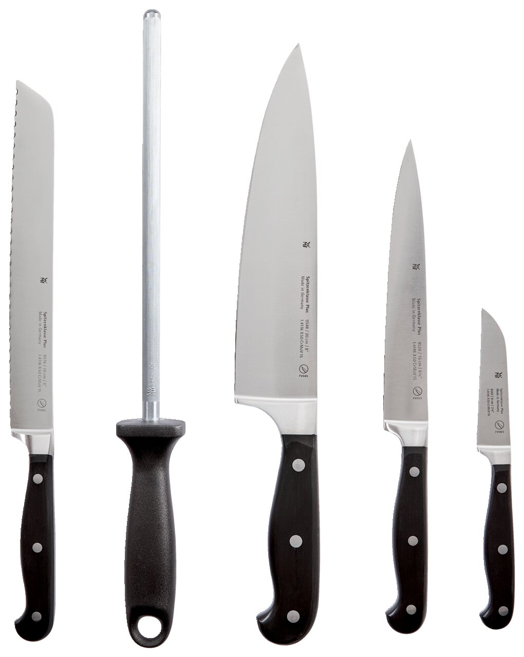 Messerblock Spitzenklasse 6-teilig, bestehend aus fünf Messern und einem Wetzstahl, frontal abgebildet.