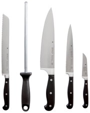 Messerblock Spitzenklasse 6-teilig, bestehend aus fünf Messern und einem Wetzstahl, frontal abgebildet.