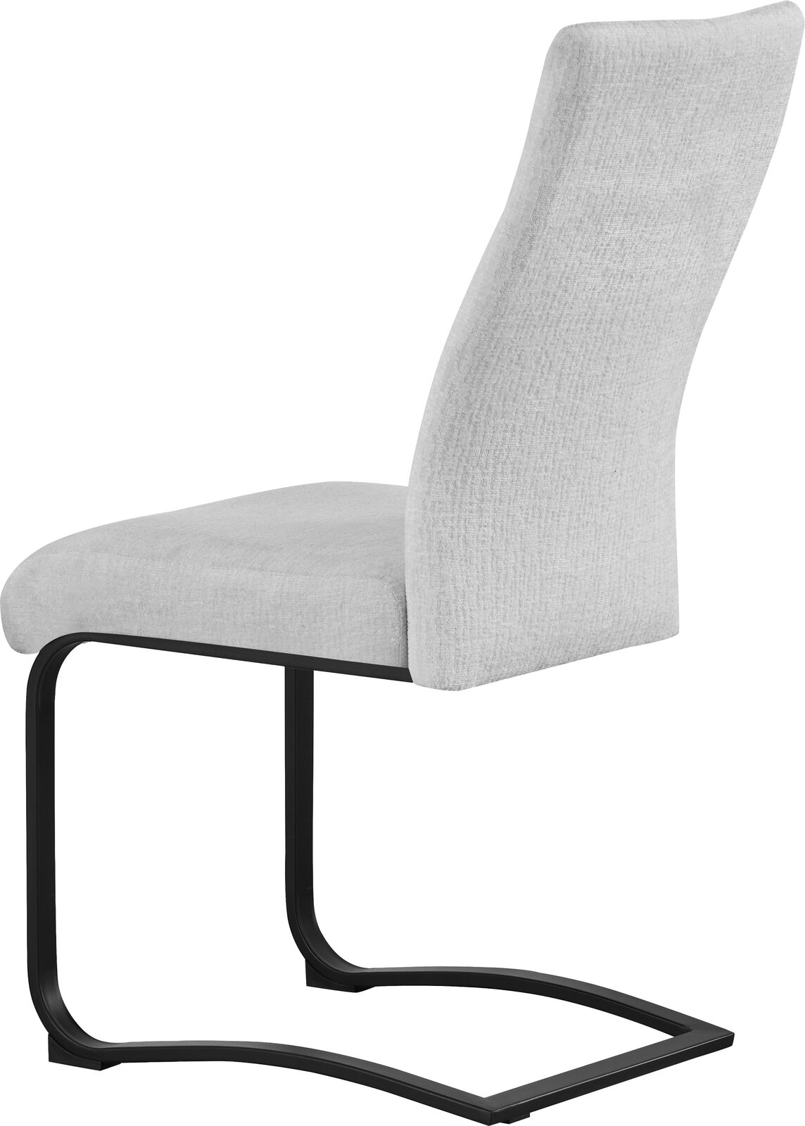 Beiger Polsterstuhl mit hoher, leicht geschwungener Rückenlehne und schwarzem Freischwinger-Metallgestell, seitliche Ansicht (3/4-Perspektive) auf weißem Hintergrund