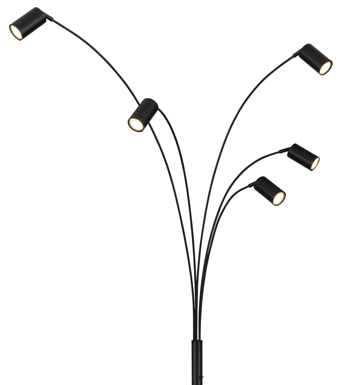 Moderne Stehleuchte mit fünf verstellbaren Armen in schwarzem Design, seitliche Perspektive