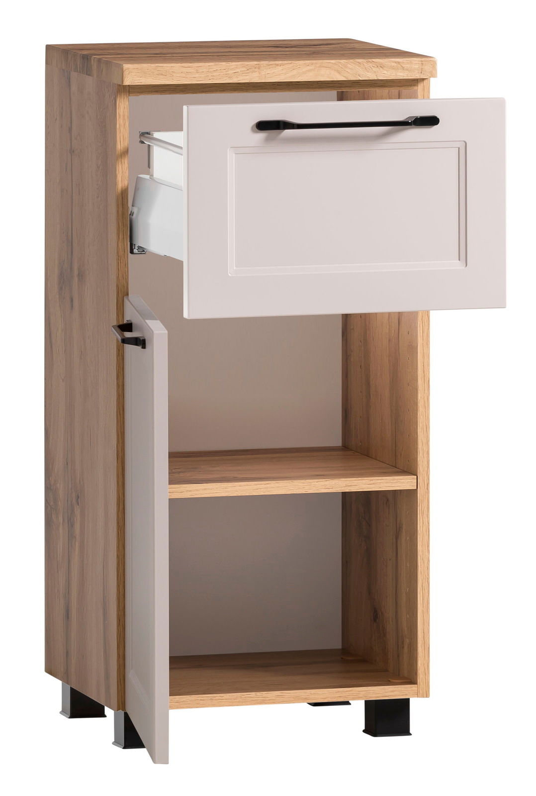 Moderner Unterschrank aus Holz mit einer Schublade und einer Tür, beide geöffnet, aus einer seitlichen Perspektive.