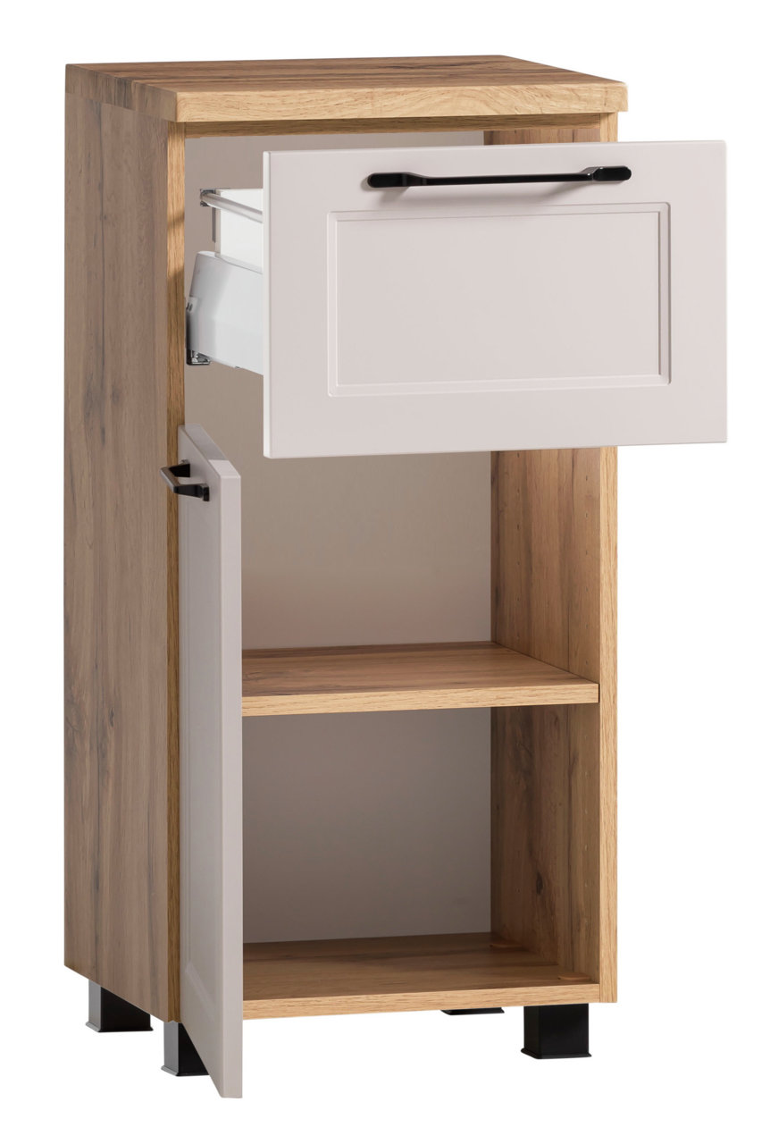 Moderner Unterschrank aus Holz mit einer Schublade und einer Tür, beide geöffnet, aus einer seitlichen Perspektive.