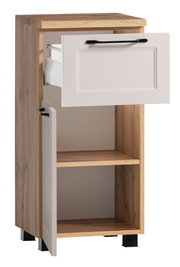 Moderner Unterschrank aus Holz mit einer Schublade und einer Tür, beide geöffnet, aus einer seitlichen Perspektive.