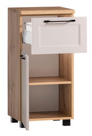 Moderner Unterschrank aus Holz mit einer Schublade und einer Tür, beide geöffnet, aus einer seitlichen Perspektive.