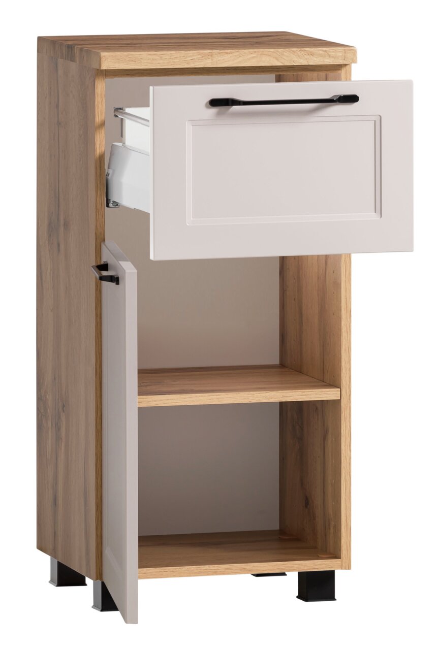 Moderne houten onderkast met een lade en een deur, beide open, gezien vanuit een zijaanzicht.