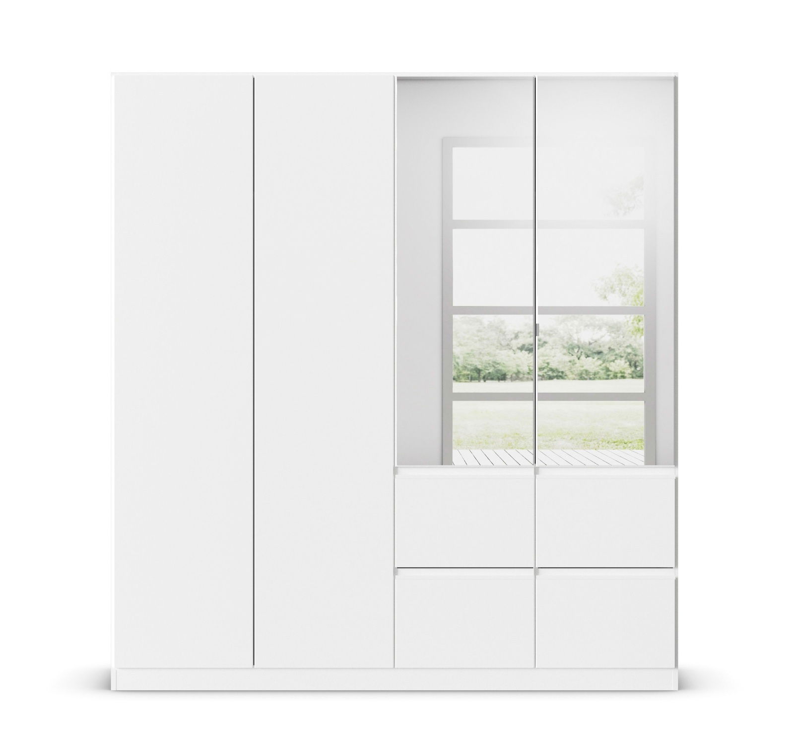 Moderner, weißer Drehtürenschrank mit vier Türen, teilweise mit Spiegel, aus frontaler Perspektive.